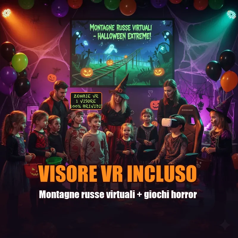 Pacchetto Zombie VR Plus: bambini in costume con visore VR, montagne russe virtuali incluse