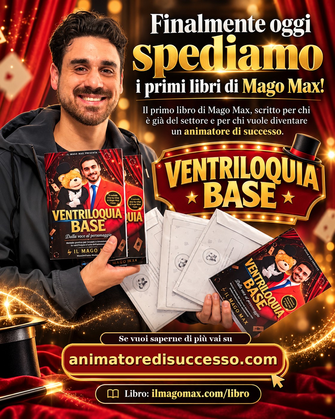 Il Mago Max con le prime copie di Ventriloquia Base pronte per la spedizione